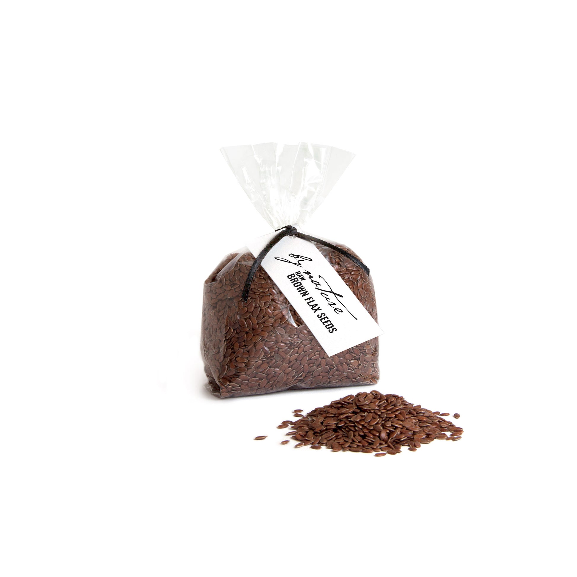 Bag of brown flax seeds with a visible brand label on a white background