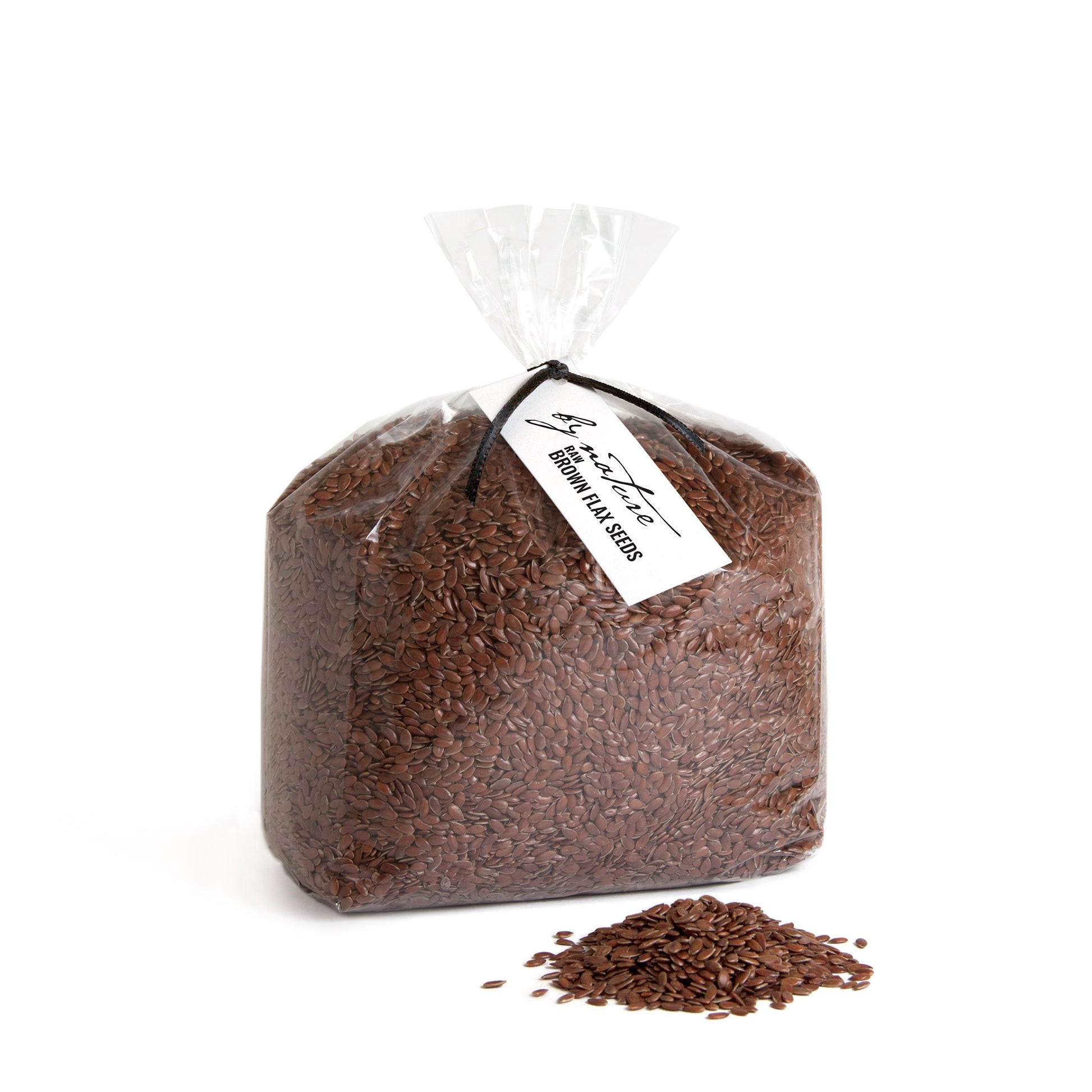 Bag of brown flax seeds with a visible brand label on a white background