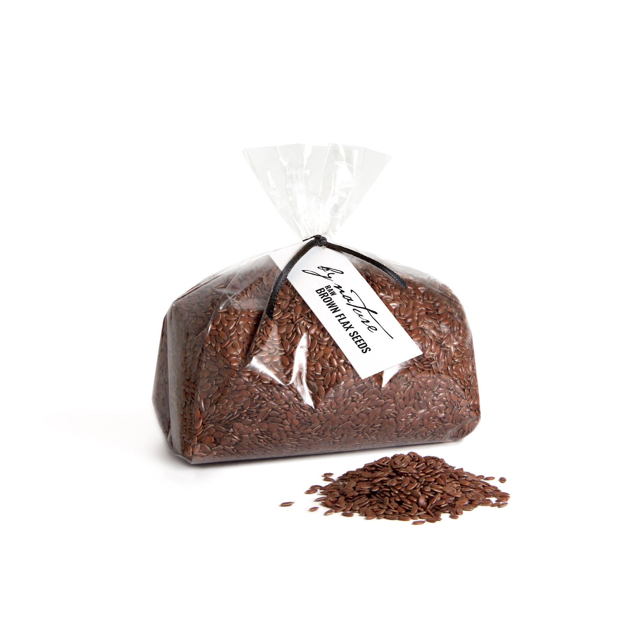 Bag of brown flax seeds with a visible brand label on a white background