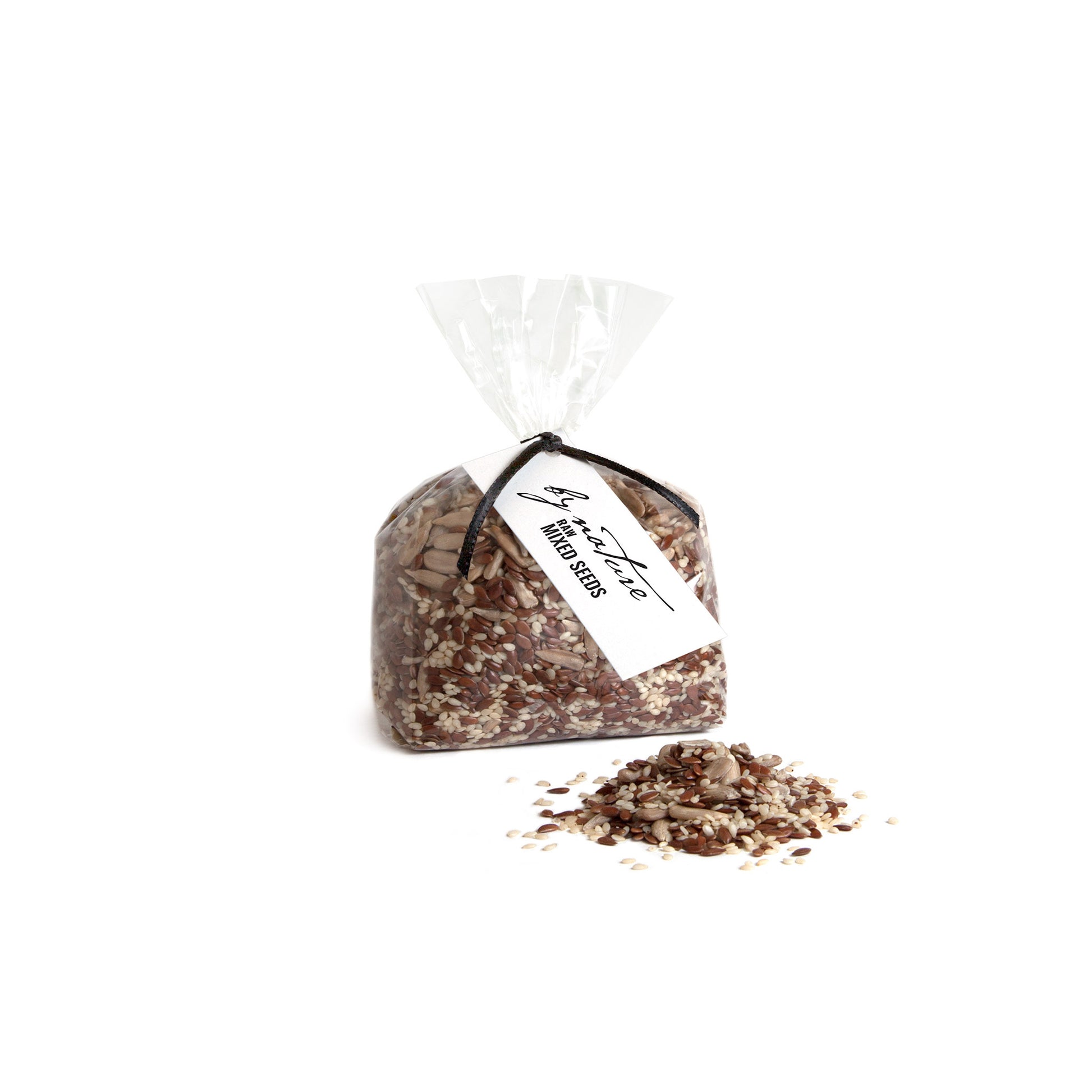 Bag of mixed seeds with a visible brand label on a white background