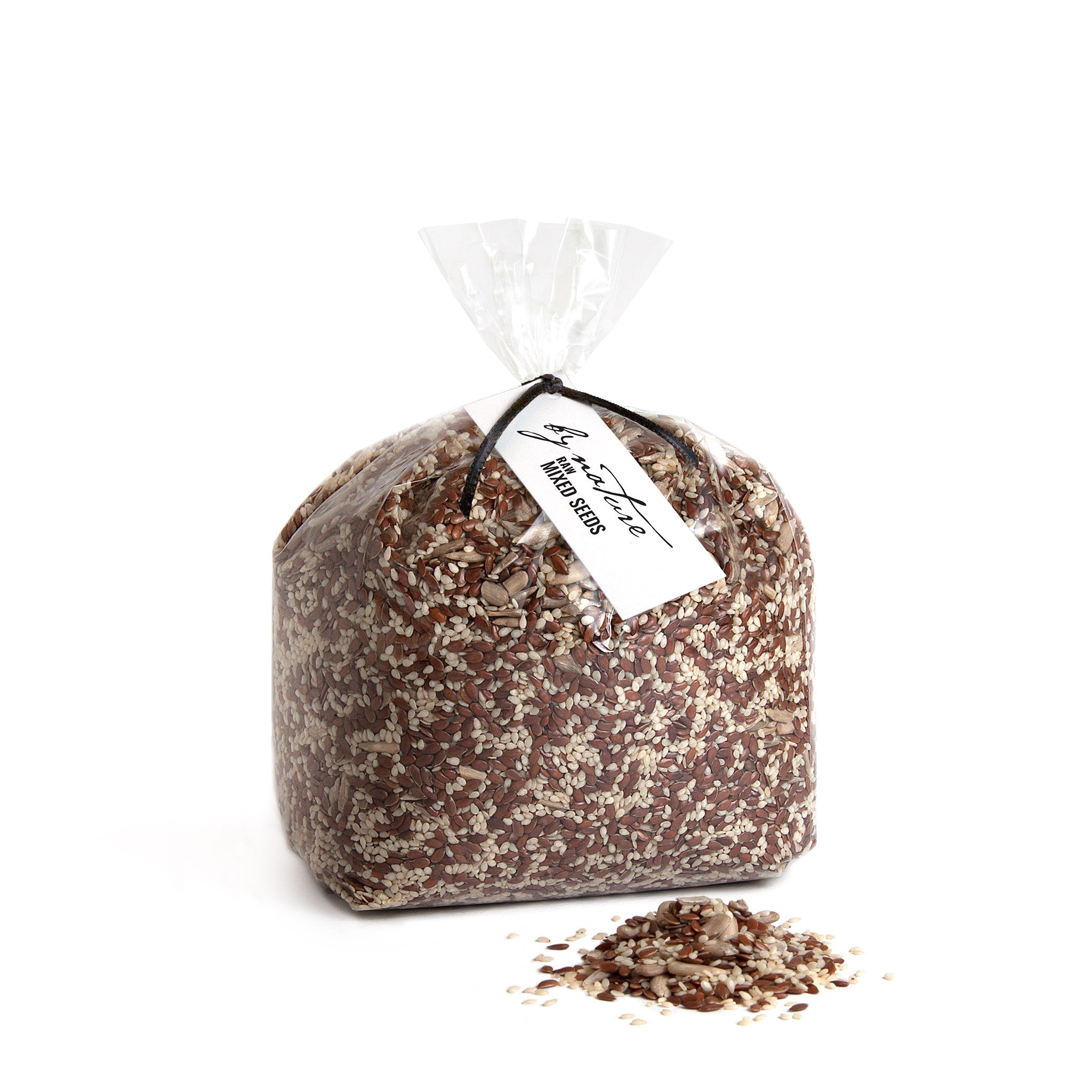 Bag of mixed seeds with a visible brand label on a white background