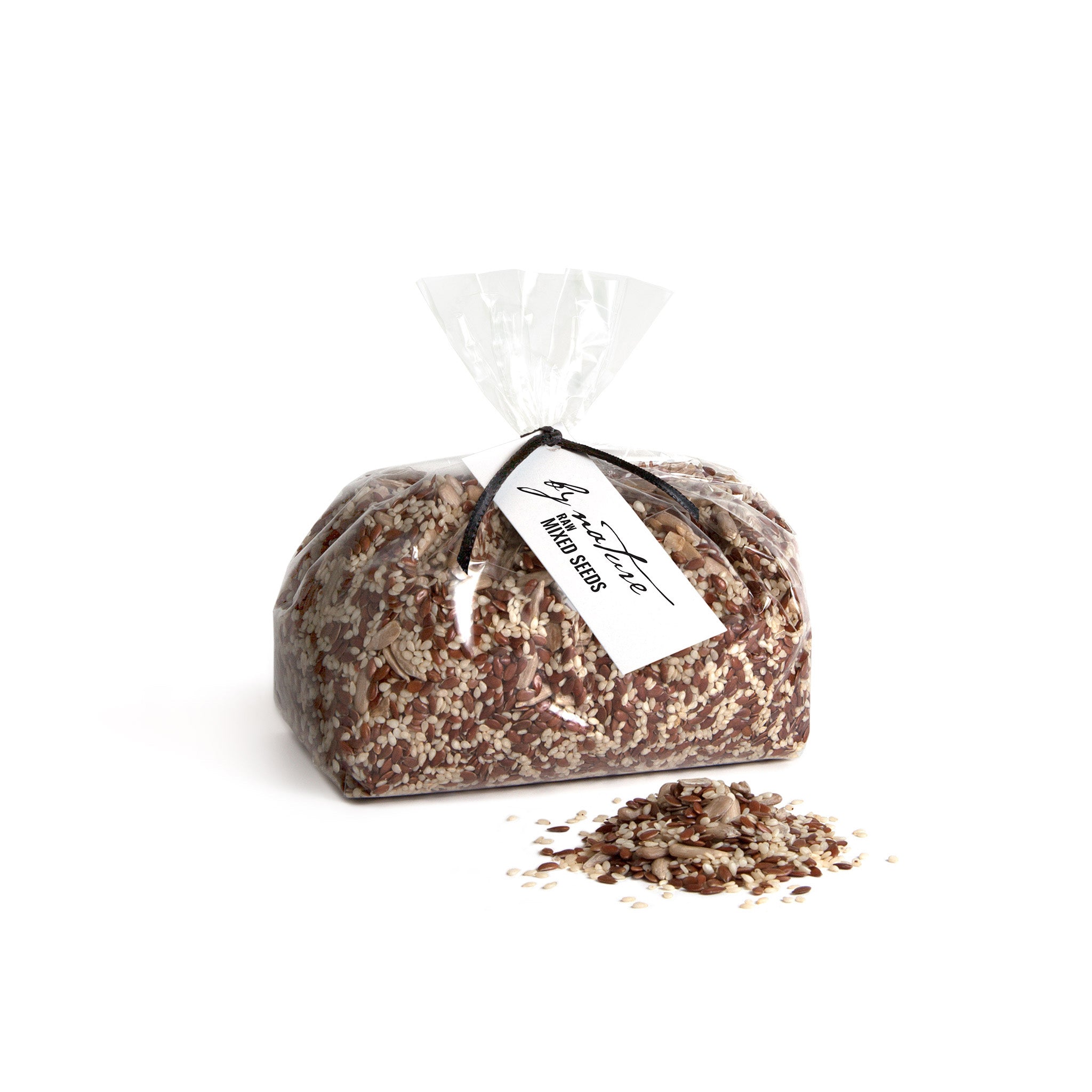 Bag of mixed seeds with a visible brand label on a white background