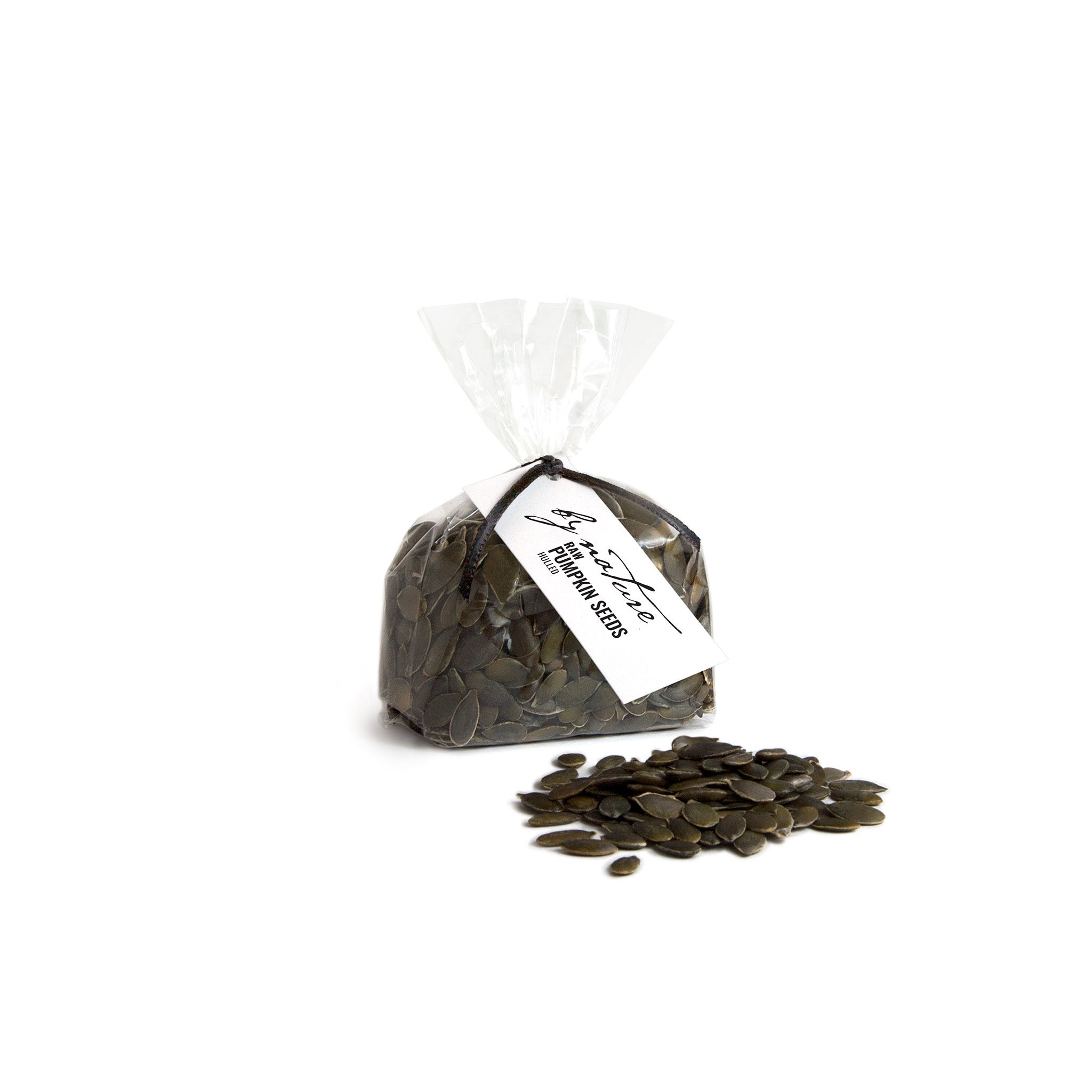 Bag of pumpkin seeds with a visible brand label on a white background