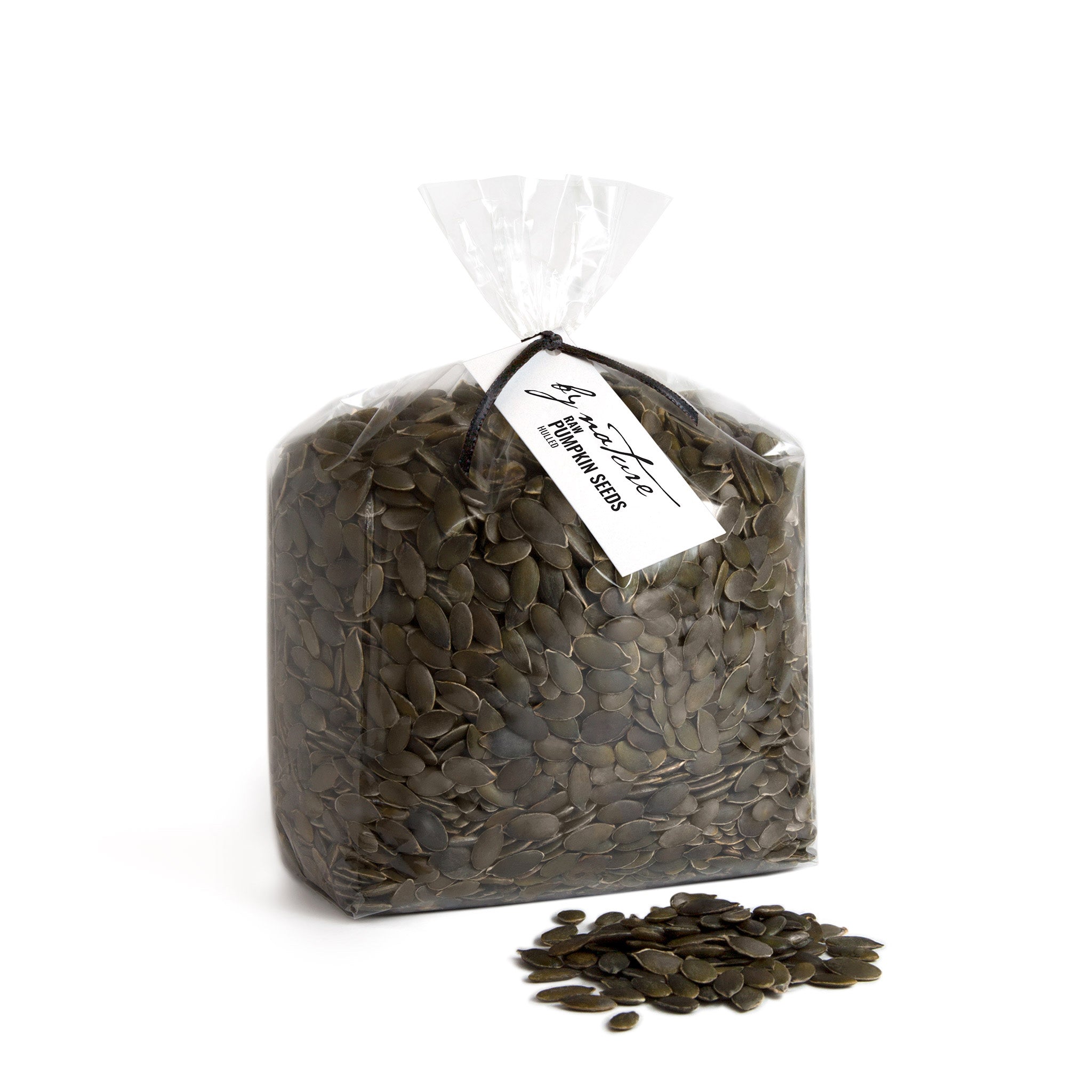 Bag of pumpkin seeds with a visible brand label on a white background