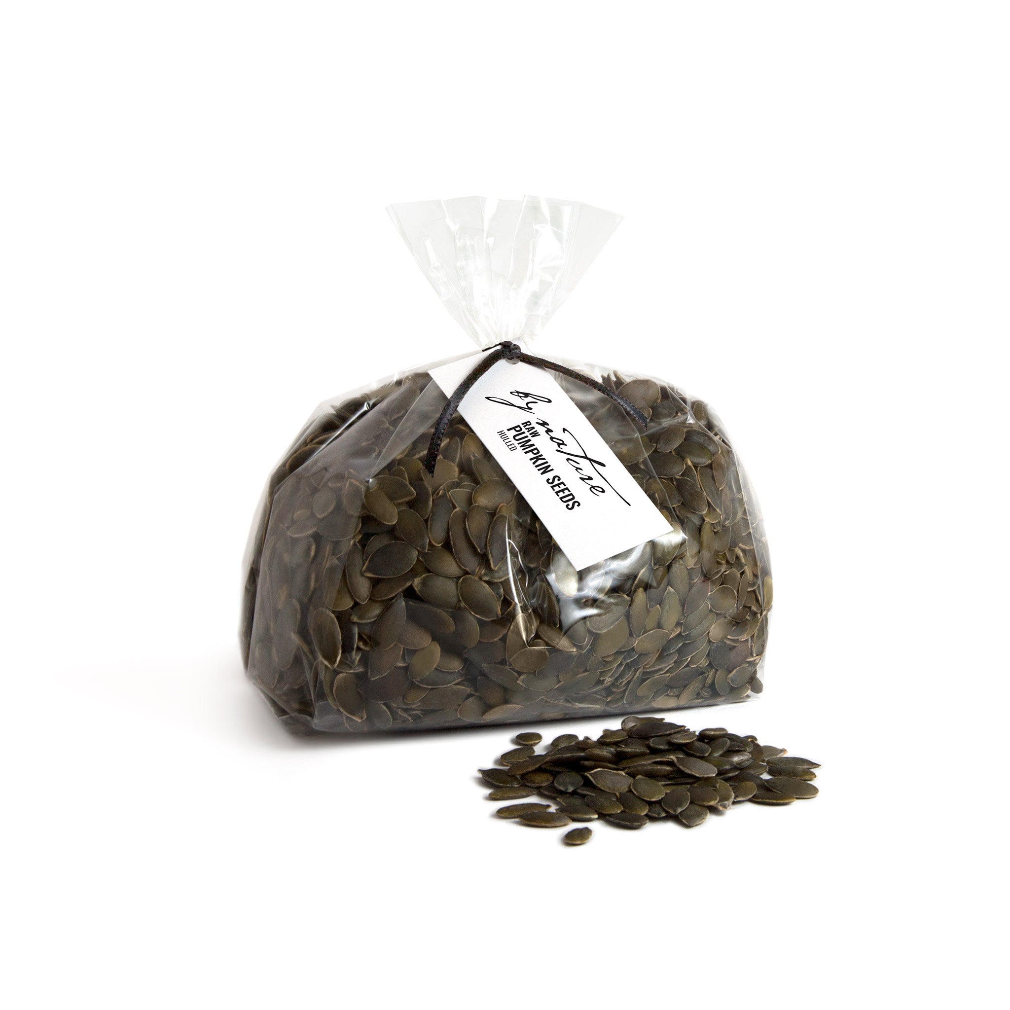Bag of pumpkin seeds with a visible brand label on a white background