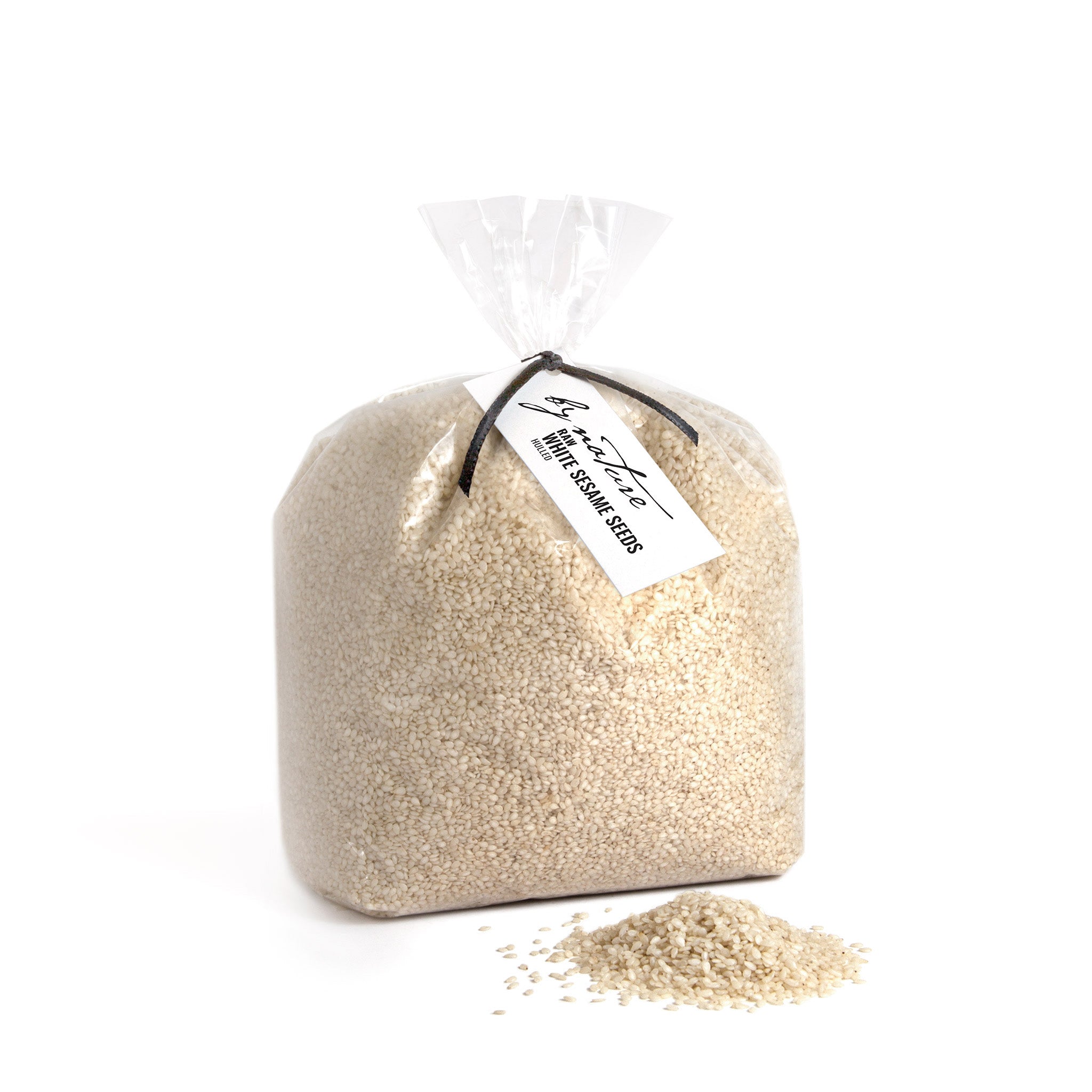 Bag of white sesame seeds with a visible brand label on a white background