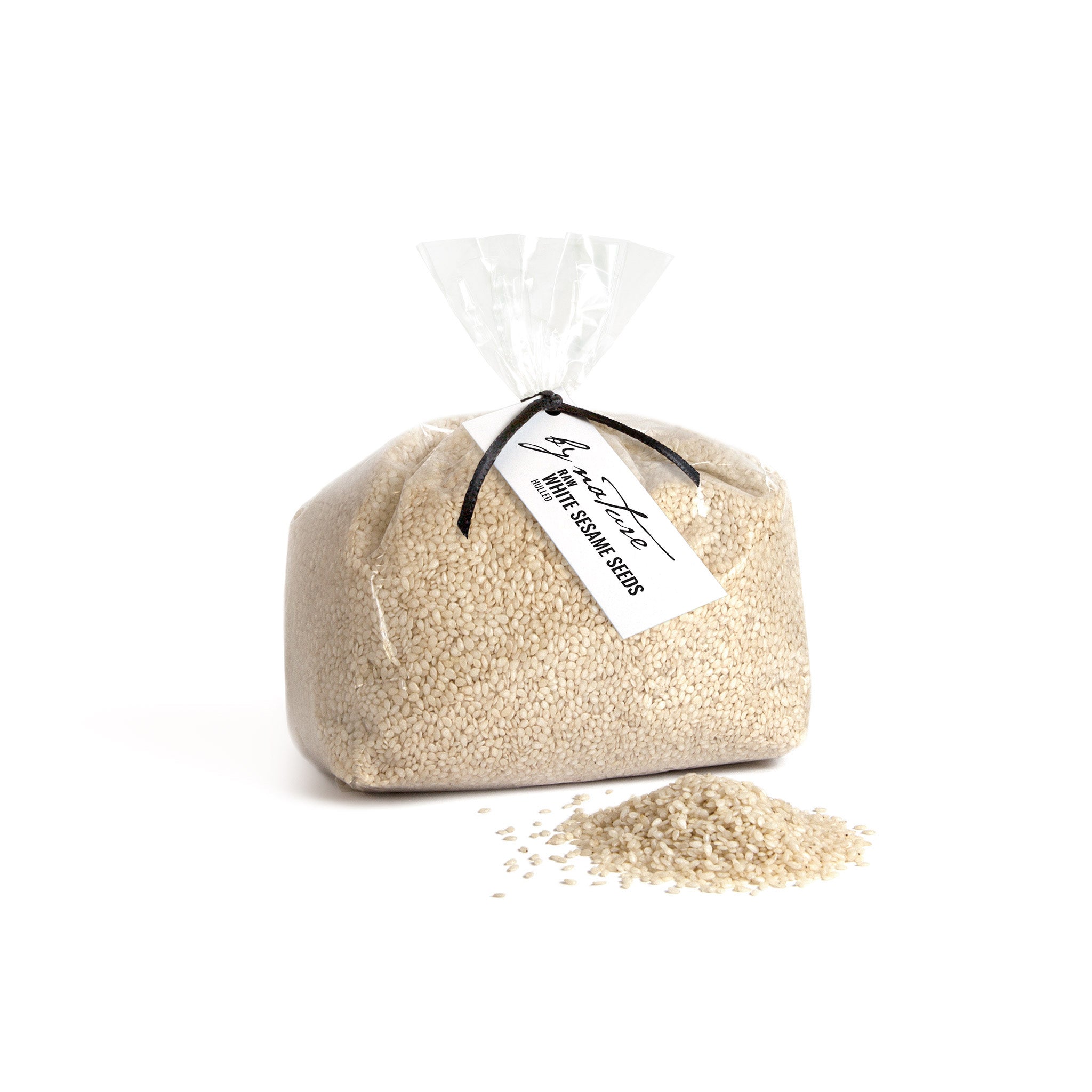 Bag of white sesame seeds with a visible brand label on a white background