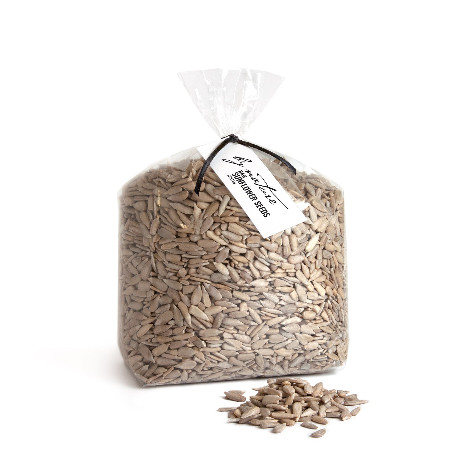 Bag of sunflower seeds with a visible brand label on a white background