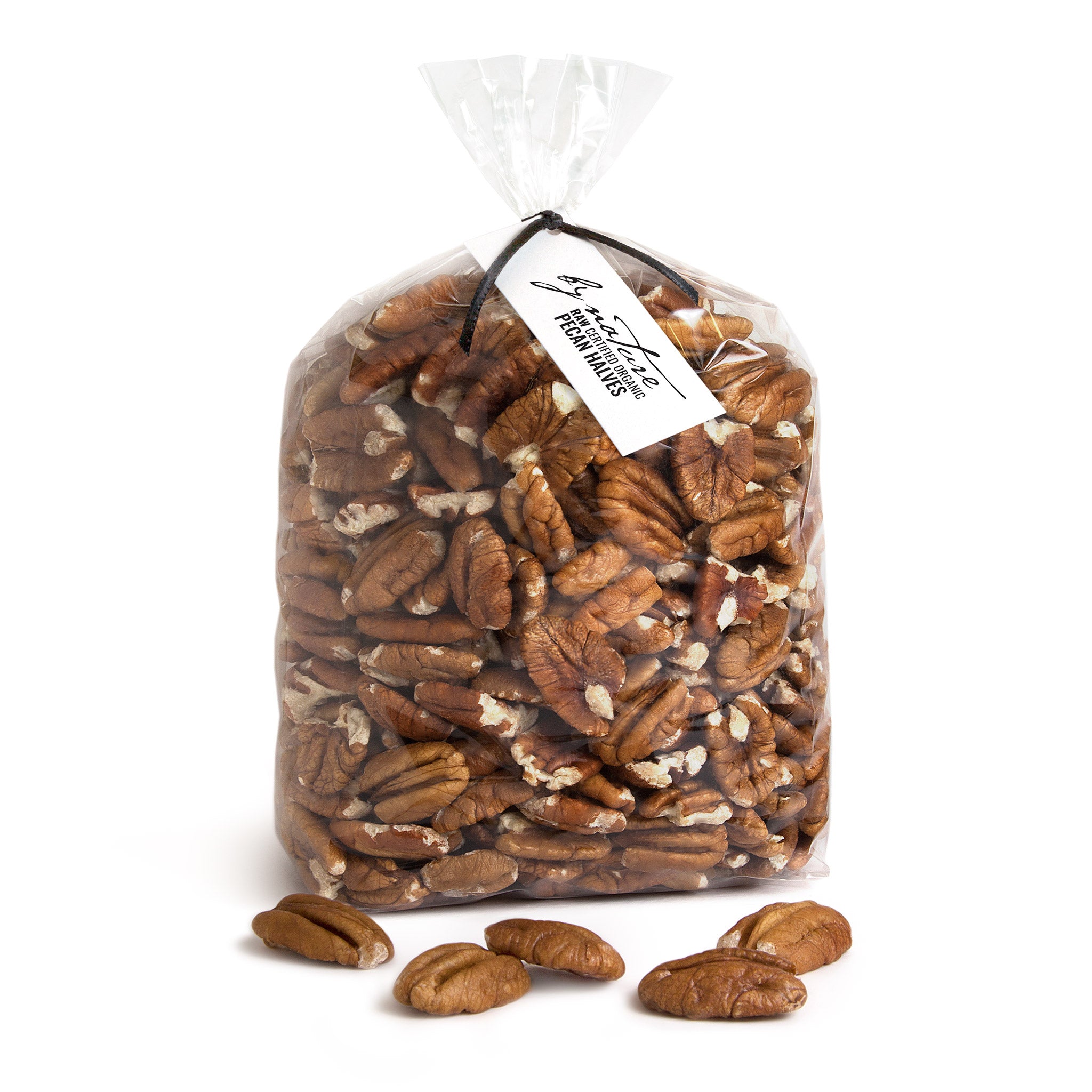 BY NATURE Pecan Halves, 1kg - raw, certified organic at source.