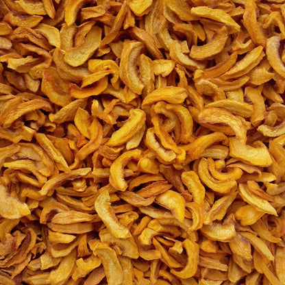 Full frame overhead image of BY NATURE Dried Peach Segments - peeled, preservative-free.