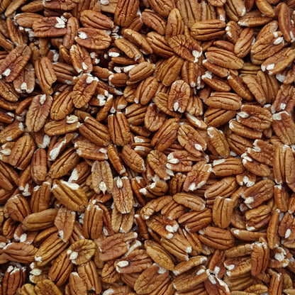 Full frame overhead image of BY NATURE Pecan Halves - raw, certified organic at source.